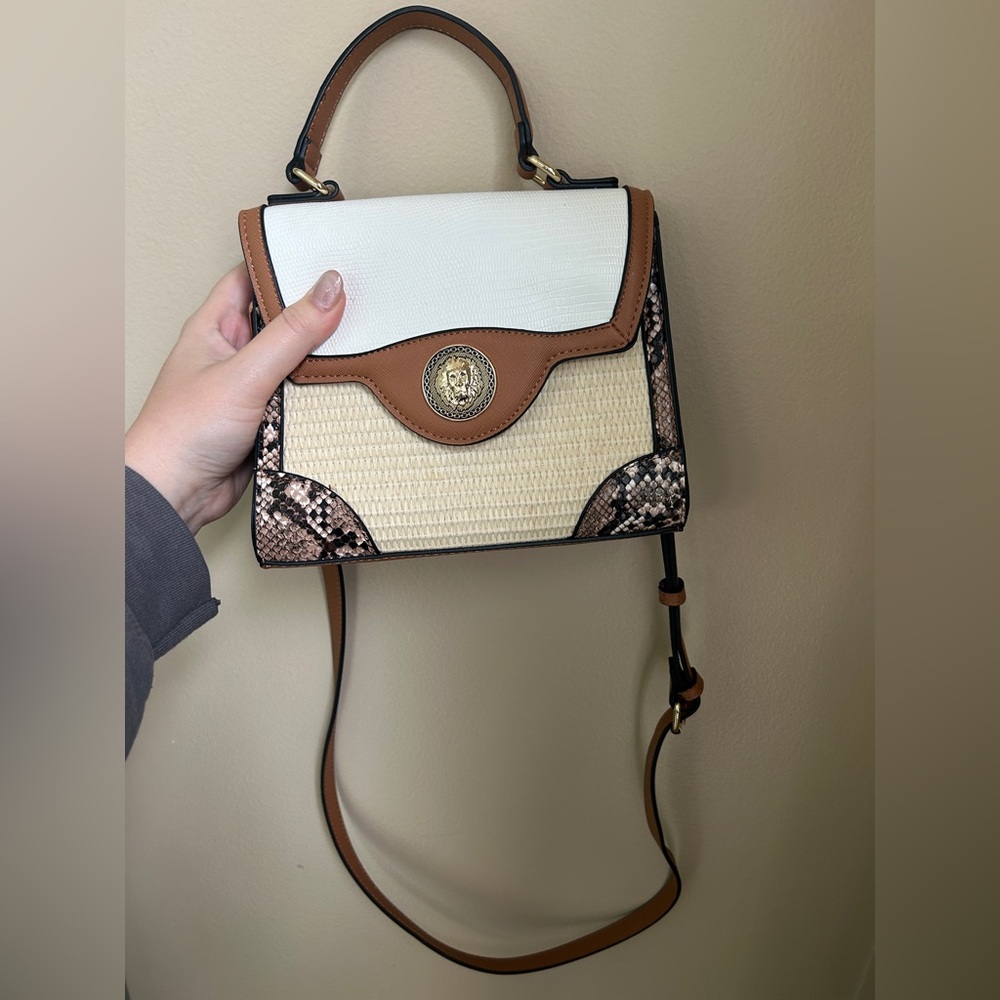 Structured Top-Handle Crossbody Bag in White, Cream & Brown